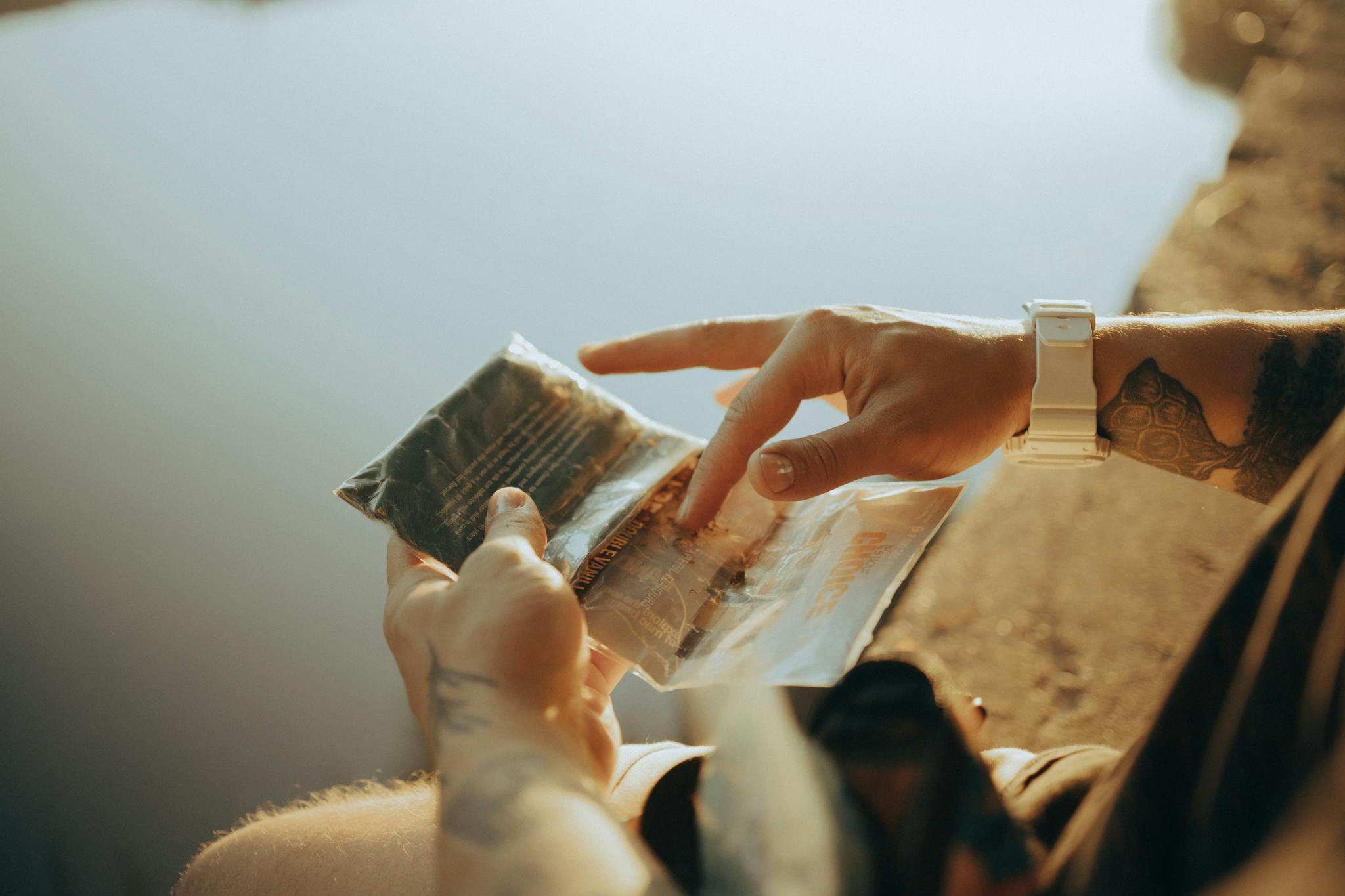 A close-up of tattooed hands holding a plastic bag near a calm body of water in sunlight.